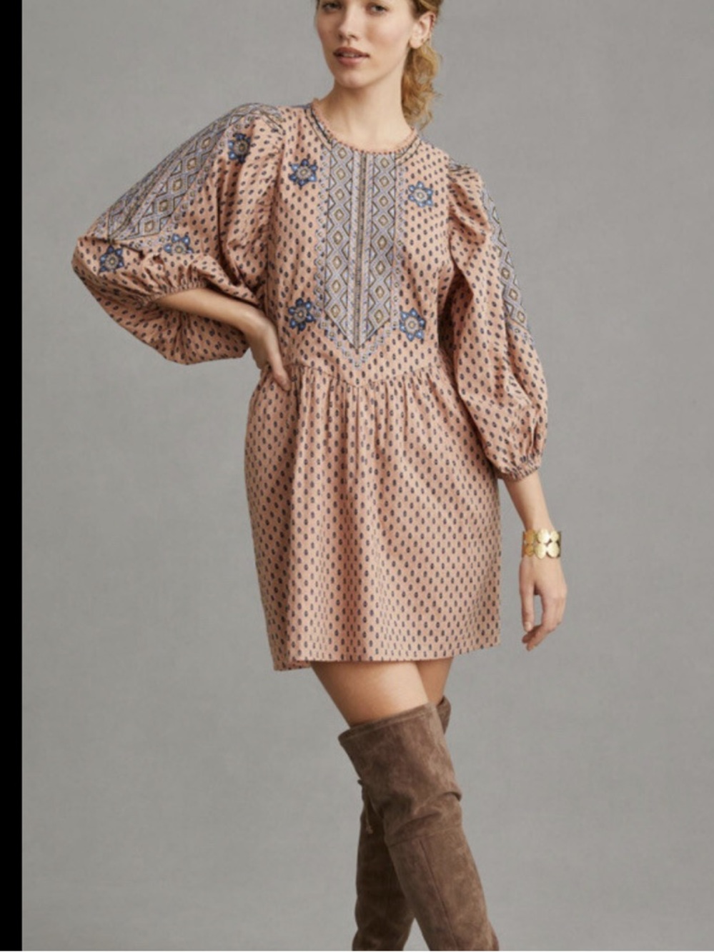 Anthropologie pink embroidered mini dress with balloon sleeves xs
